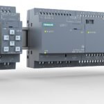 Siemens LOGO! modular PLC with front LCD, navigation arrows, and LAN indicator on the left module.