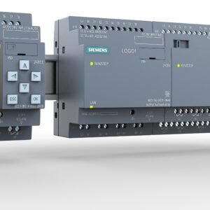 Siemens LOGO! modular PLC with front LCD, navigation arrows, and LAN indicator on the left module.