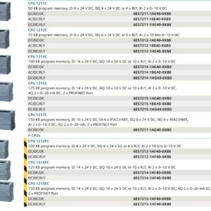 Catalog page listing CPU modules with memory specs and part numbers; left column shows module images, right column specs with DC/DC/DC/RLY details and IDs like 6ES7211-1AE40-0XB0 for each model.