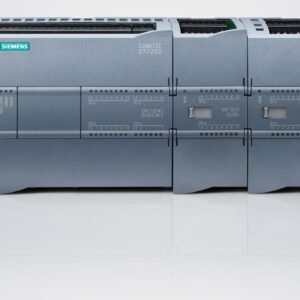 Siemens SIMATIC S7-1200 PLC system with multiple connected modules on a white surface
